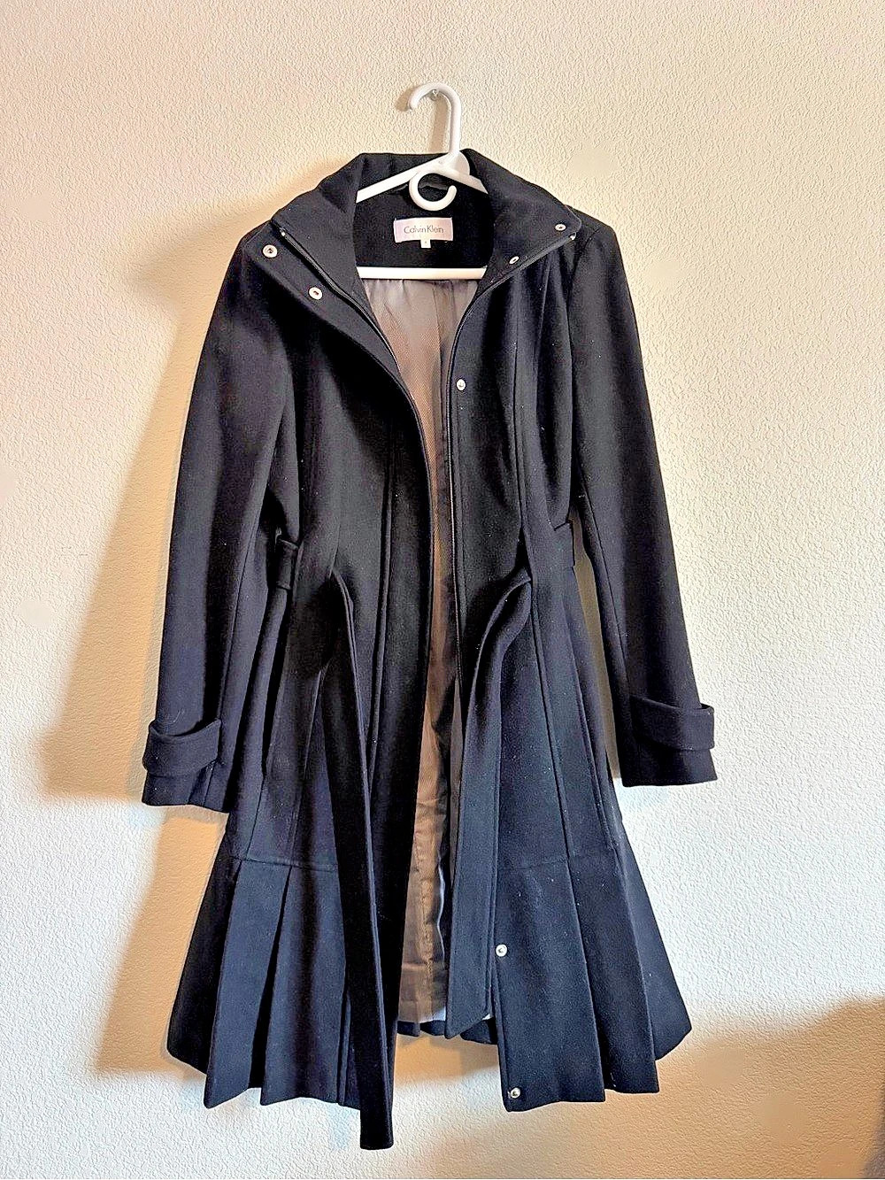 Calvin Klein Wool Blend Pleated Hem Trench Coat Black Small/6